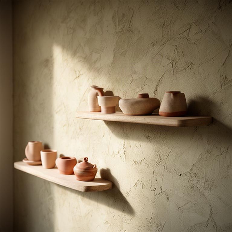 Parete materica in calce naturale con mensole artigianali e ceramiche marchigiane