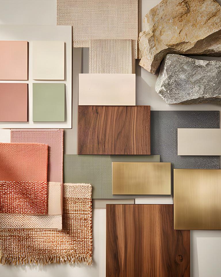 Moodboard con pitture, tessuti, legni e campioni metallici per un progetto d'interni