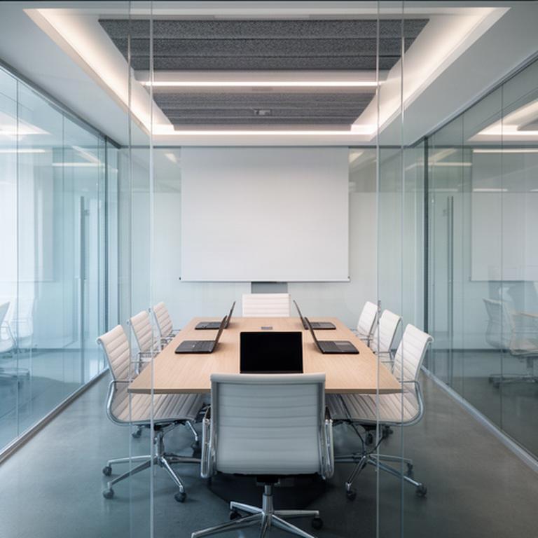 Sala conferenze con pareti vetrate, tavolo centrale e sedute contemporanee in una sede aziendale