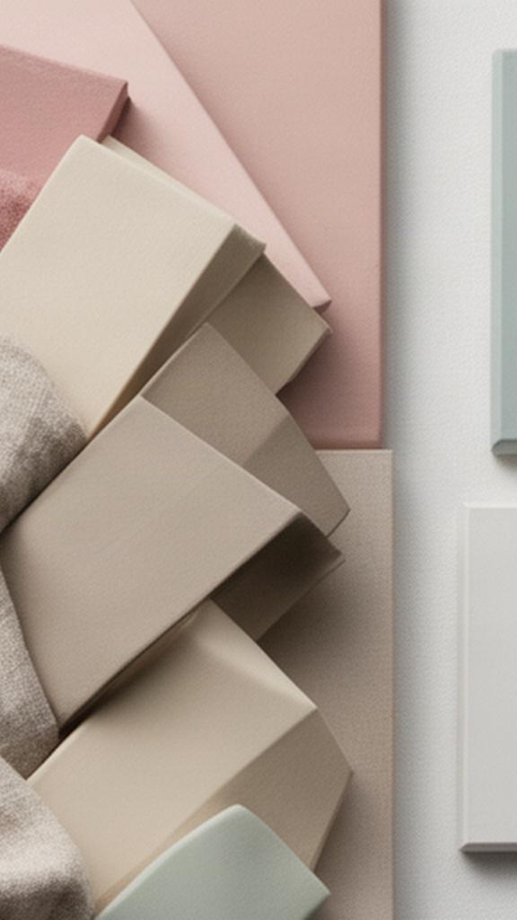 Palette di colori tenui accostata a tessuti e finiture per un progetto residenziale