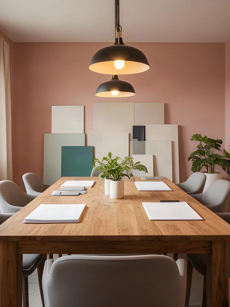Sala riunioni dello studio a Morrovalle con tavolo in legno e pareti color cipria