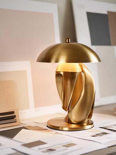 Lampada decorativa in ottone su un tavolo con tavole di progetto d'interni