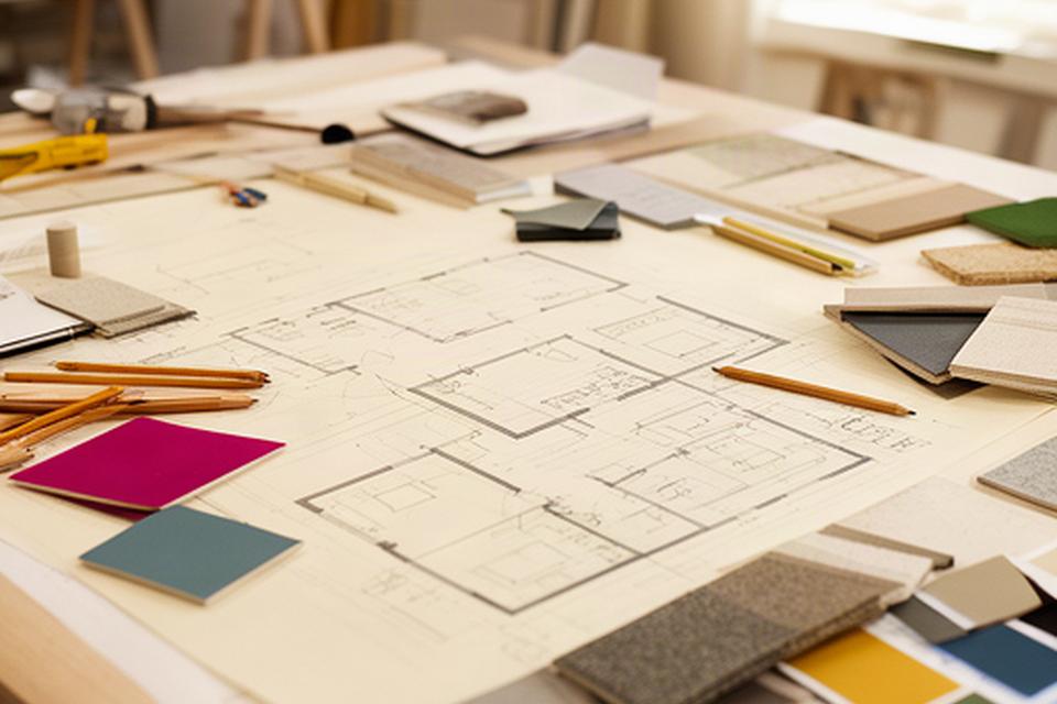 Studio di progettazione d'interni con planimetrie, matite e campioni cromatici