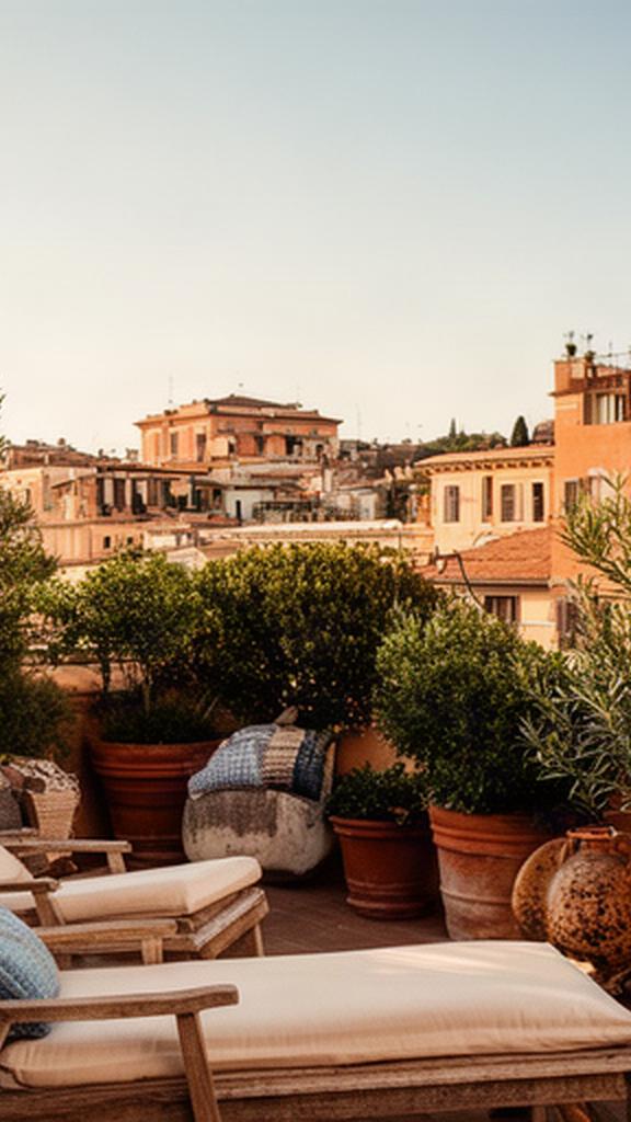 Terrazza urbana arredata con poltrone in legno, piante mediterranee e vista sui tetti