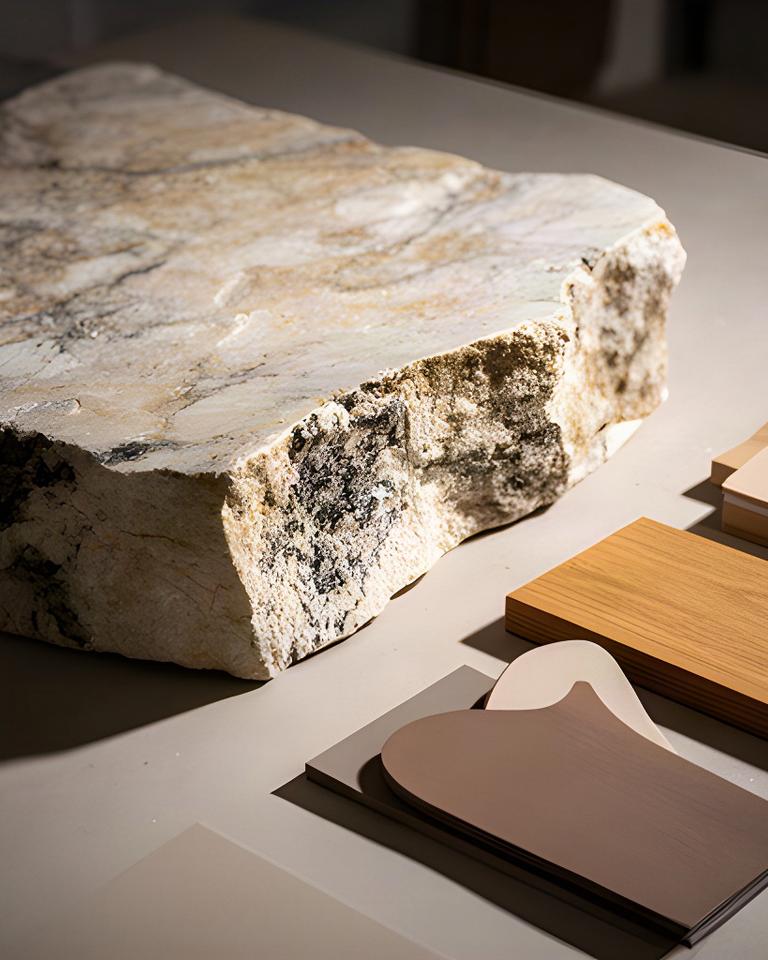 Lastra di pietra marchigiana selezionata per un piano cucina accanto a campioni di legno