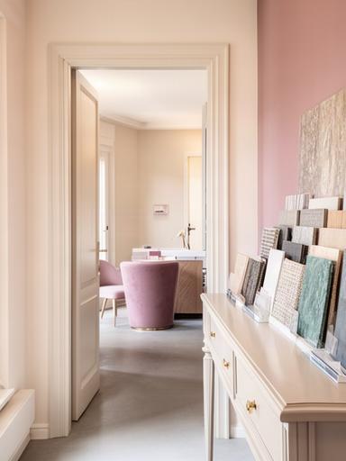 Ingresso luminoso di uno studio di interior design a Morrovalle con campioni di materiali