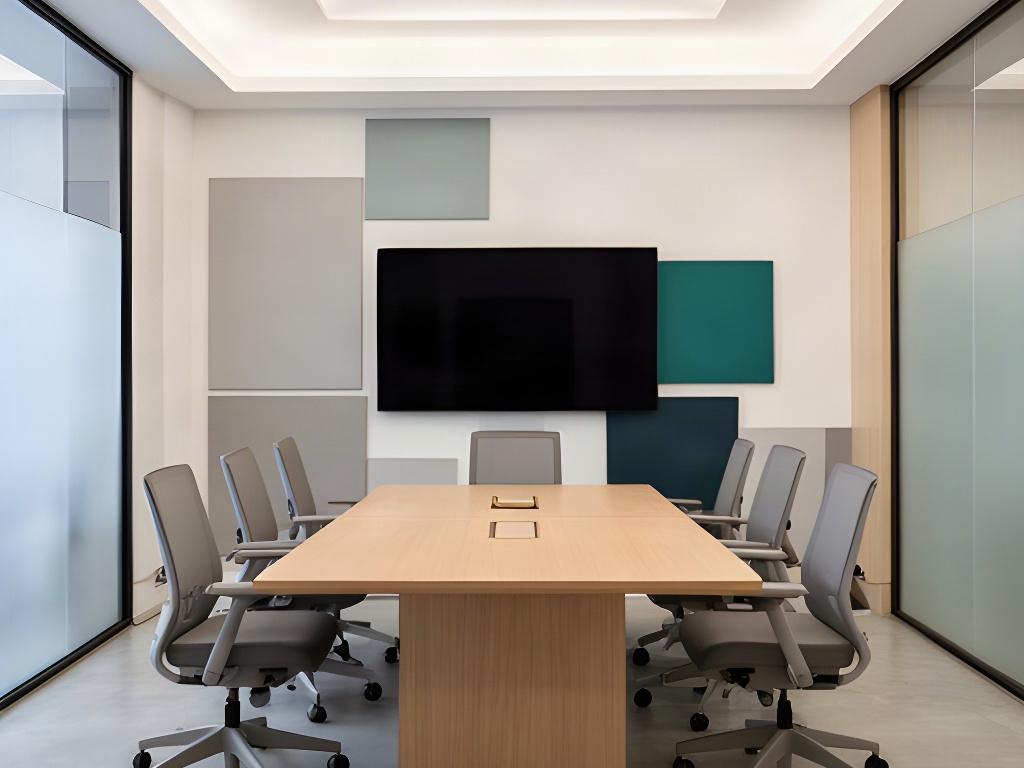 Sala riunioni commerciale progettata dallo studio con tavolo ampio, sedute e luce diffusa