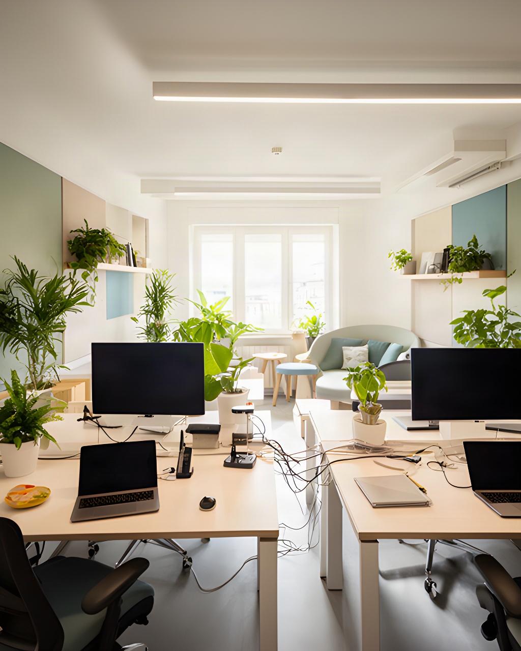 Ufficio open space per startup a Tolentino con scrivanie condivise, piante e luce naturale