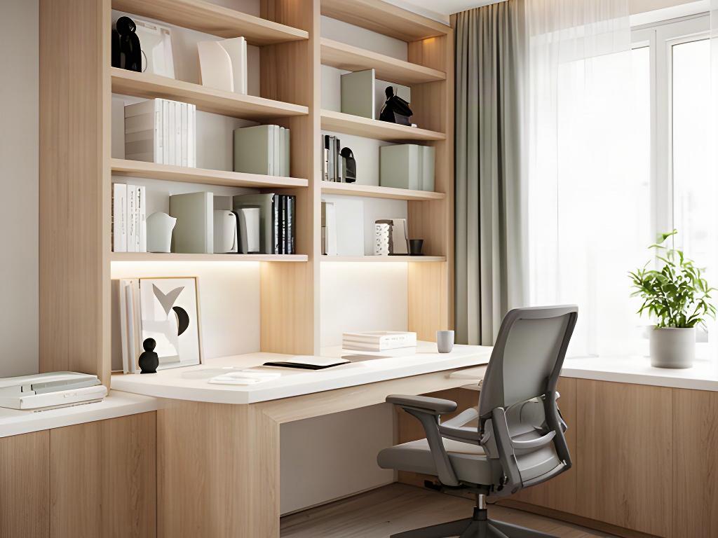 Studio domestico funzionale con scrivania su misura, libreria e luce naturale