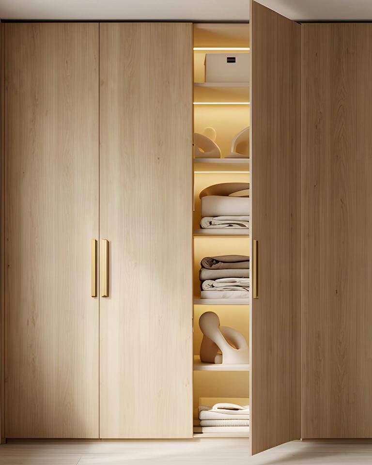 Armadio su misura con ante in legno naturale, maniglie discrete e illuminazione interna