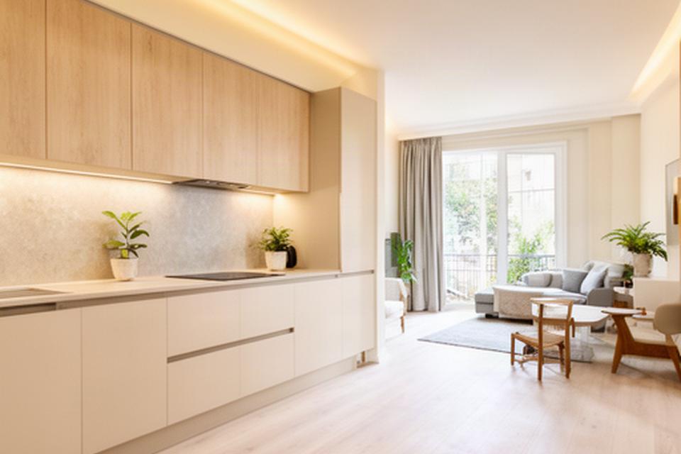 Ambiente ristrutturato con pavimento chiaro, cucina lineare e pareti color avorio