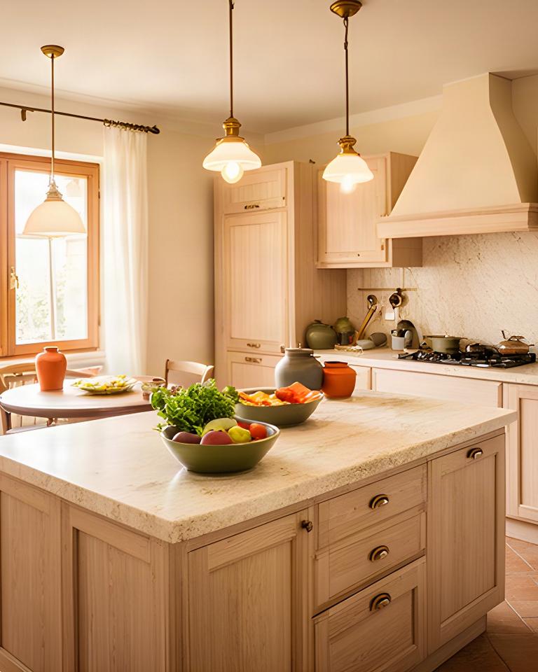 Cucina familiare nelle Marche con isola centrale, legno chiaro e piano in pietra