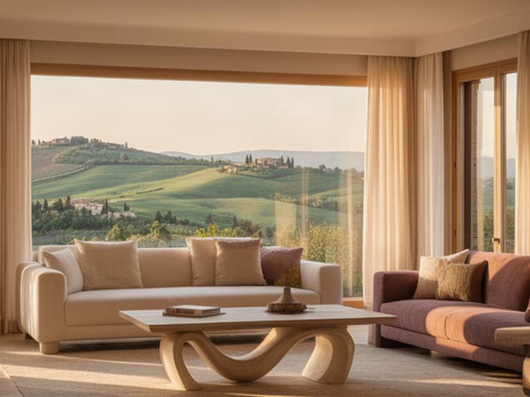 Soggiorno italiano con divano chiaro, tavolino scultoreo e vista sulle colline marchigiane