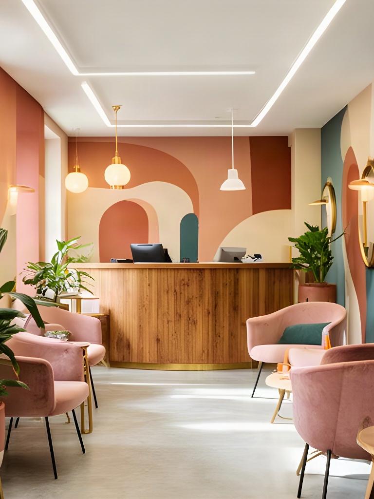 Salone commerciale nelle Marche con reception in legno, pareti colorate e sedute accoglienti