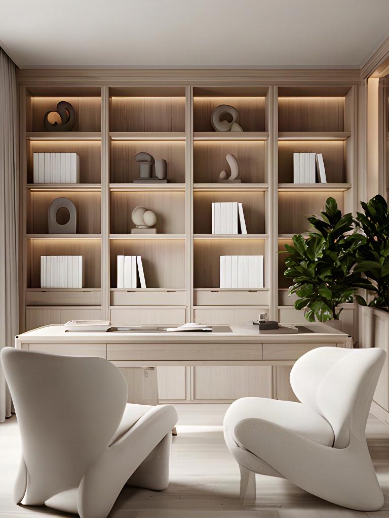 Studio professionale con libreria su misura, scrivania in legno e poltrone in tessuto chiaro