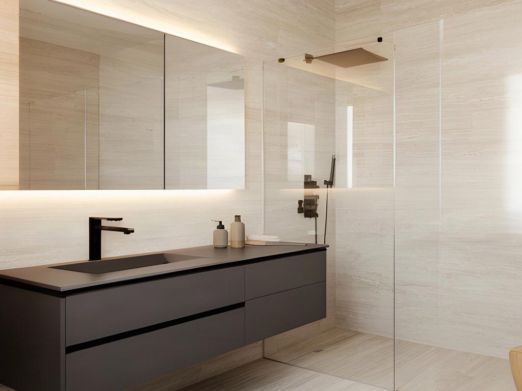 Bagno contemporaneo progettato dallo studio con pietra chiara, rubinetteria scura e luce morbida
