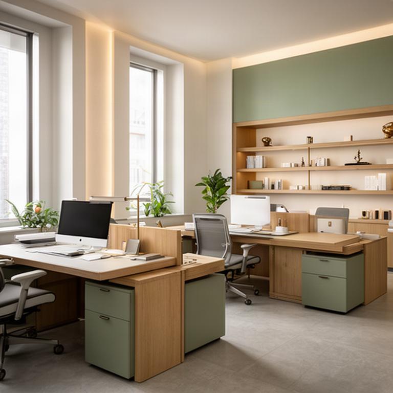 Ufficio contemporaneo con postazioni in legno, luce naturale e dettagli verde salvia