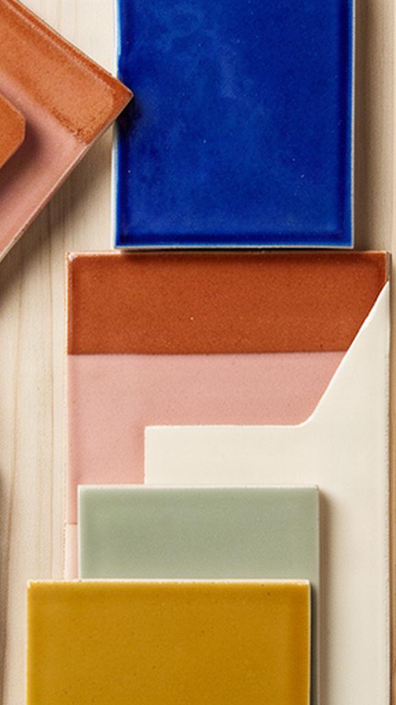 Campioni di ceramica colorata disposti su un banco dello studio di progettazione