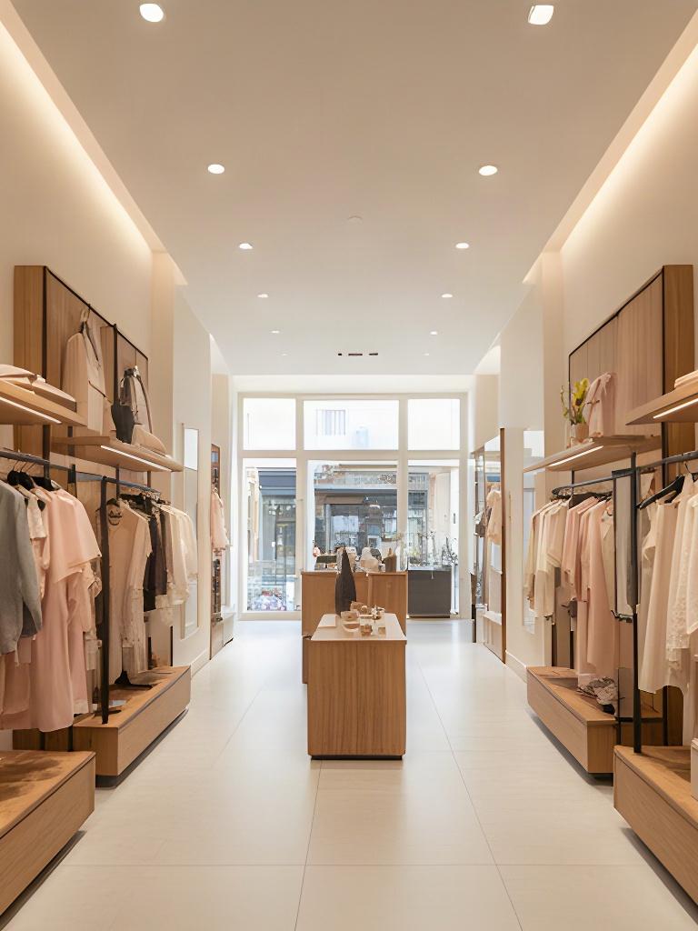 Boutique di moda a Civitanova Marche con pareti color crema e arredi espositivi in legno