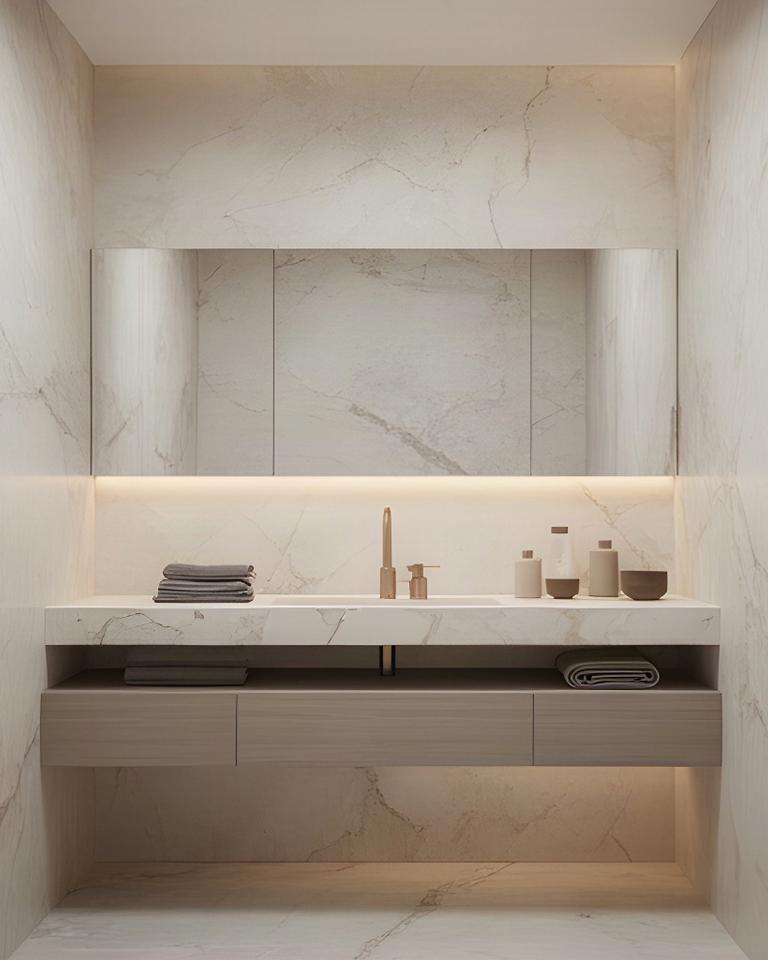 Bagno elegante con rivestimento effetto marmo, lavabo sospeso e rubinetteria satinata
