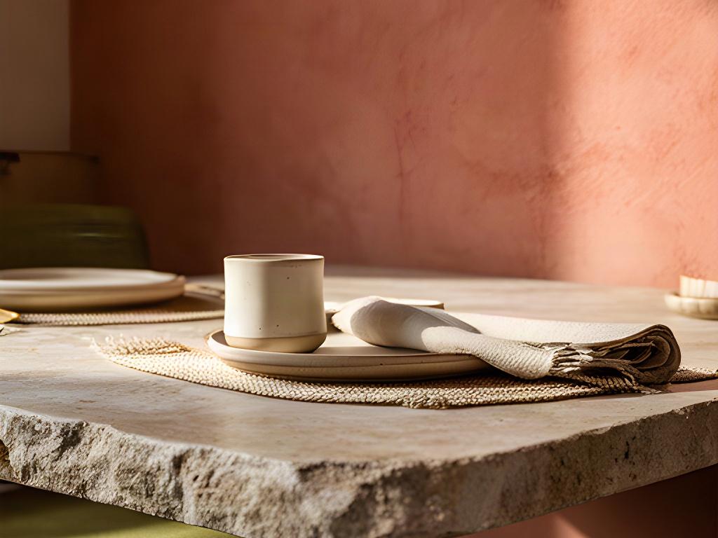 Dettaglio di ristorante con tavolo in pietra, tessili naturali e parete in intonaco colorato