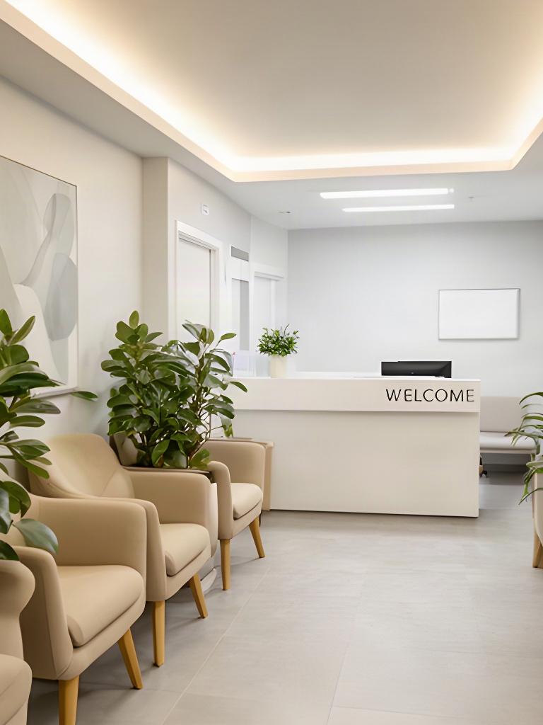 Sala d'attesa di un ambulatorio con poltroncine color sabbia, piante e banco accoglienza
