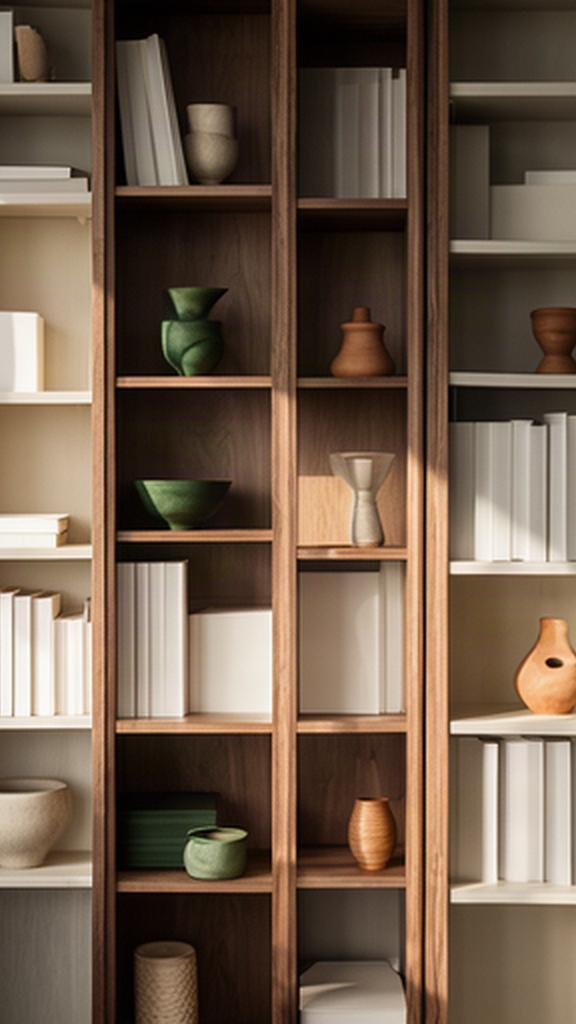 Libreria artigianale a tutta altezza con vani chiusi, libri e oggetti in ceramica