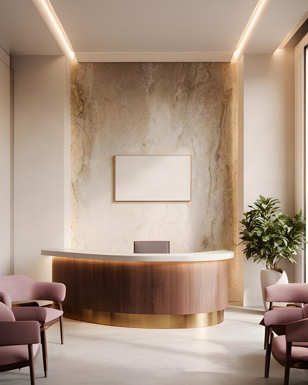 Reception di studio professionale con banco curvo, parete materica e segnaletica discreta