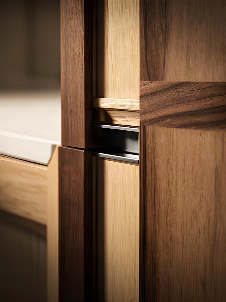 Dettaglio di un mobile in legno progettato su misura con giunzioni precise e maniglia minimale