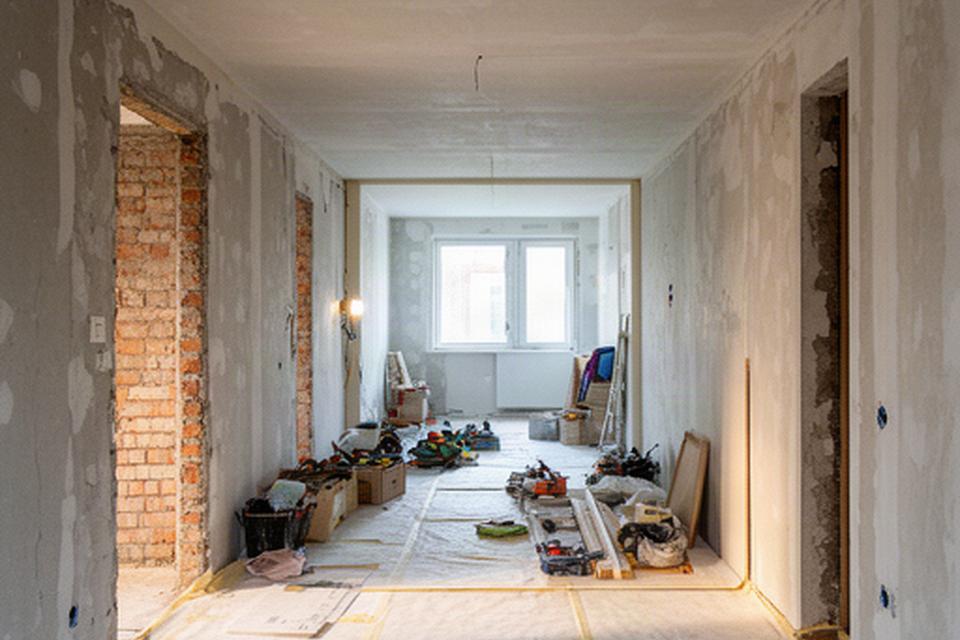 Cantiere di ristrutturazione di un appartamento con pareti in lavorazione