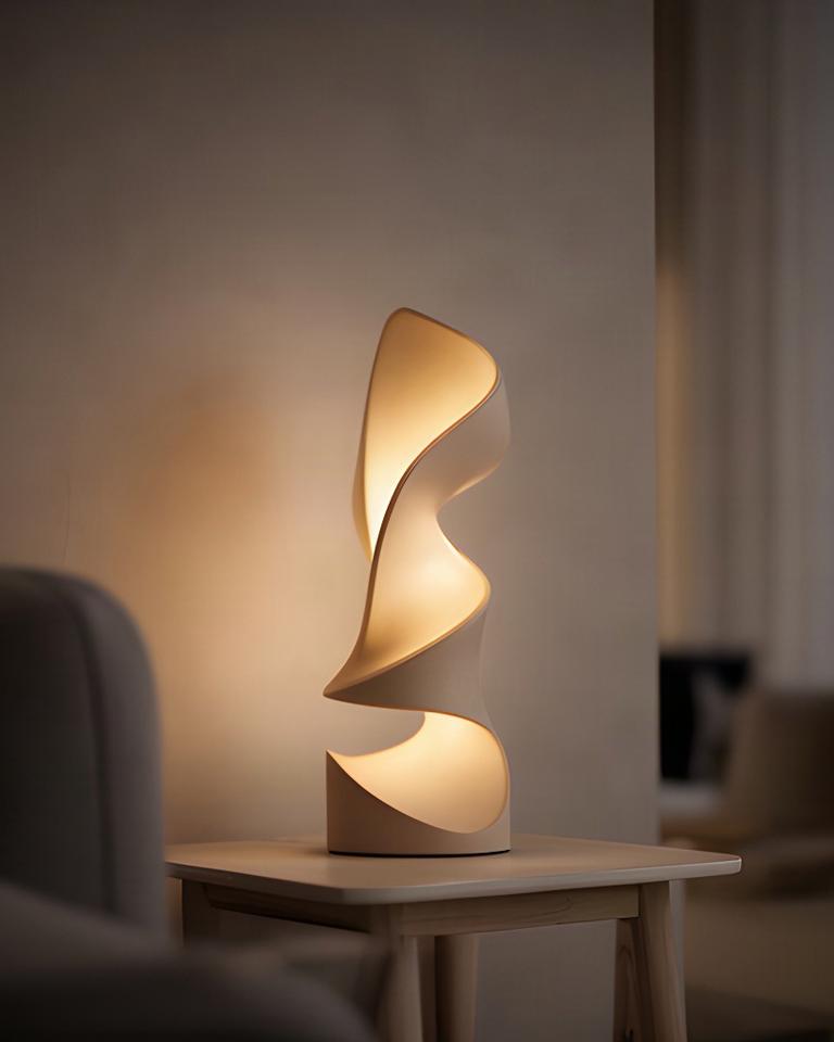 Lampada scultorea accesa in un interno dai toni caldi e neutri