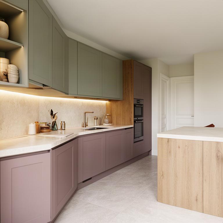 Cucina su misura progettata dallo studio con ante opache, piano chiaro e illuminazione integrata