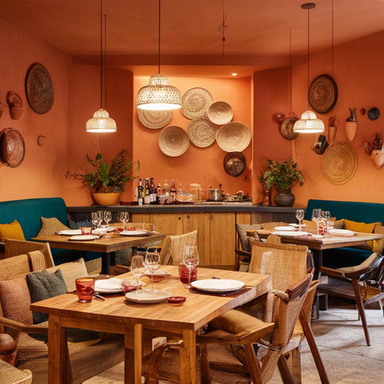 Sala di un ristorante etnico a Macerata con tavoli in legno, luci calde e dettagli artigianali