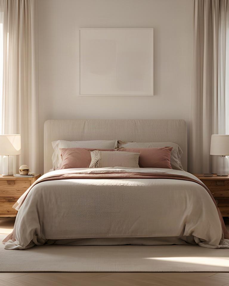 Camera da letto raccolta con testiera tessile, comodini in legno e tende leggere