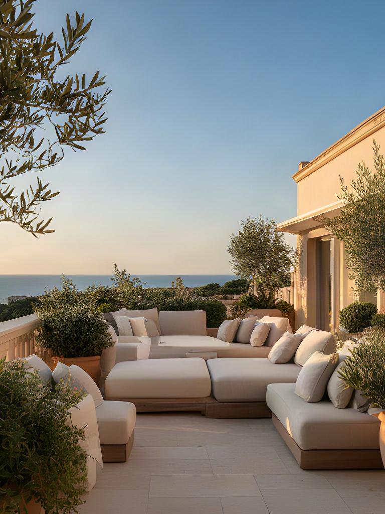 Terrazzo di una villa sulla costa adriatica con sedute basse e piante mediterranee