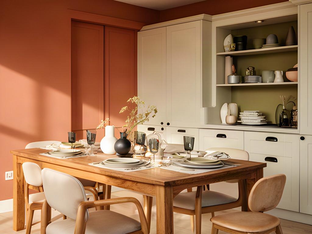 Interno residenziale seguito dallo studio con tavolo da pranzo, pareti calde e arredi su misura