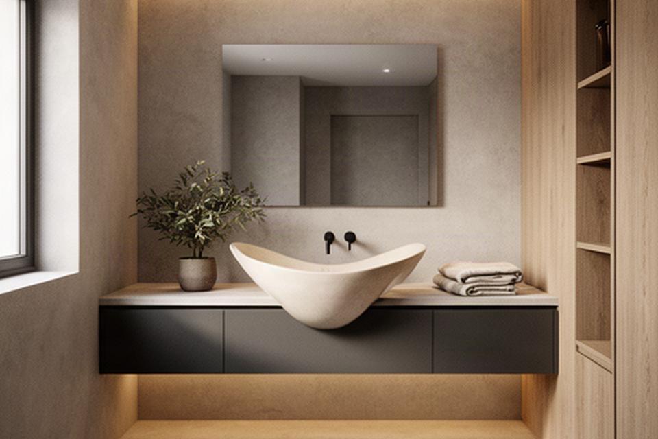 Bagno rinnovato con rivestimento materico, lavabo sospeso e rubinetteria scura
