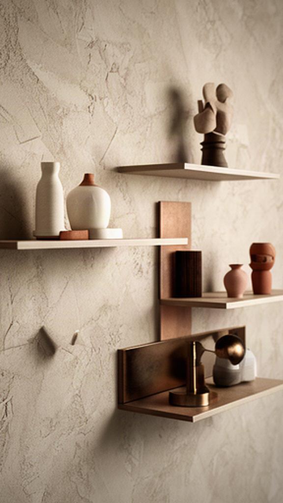 Parete con rivestimento materico, mensole sottili e oggetti decorativi selezionati