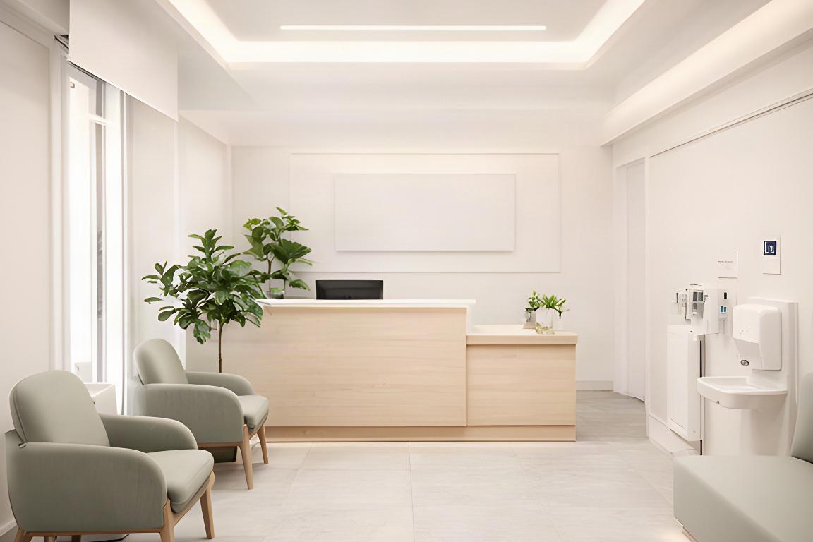 Studio medico elegante a Morrovalle con reception chiara, sedute essenziali e illuminazione diffusa