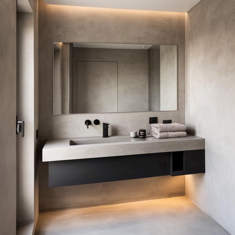 Bagno domestico in resina e microcemento con lavabo sospeso e rubinetteria scura
