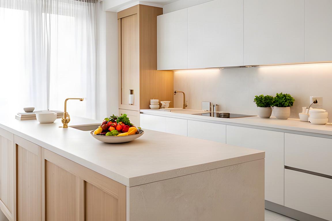 Cucina contemporanea progettata su misura con isola centrale e superfici in pietra