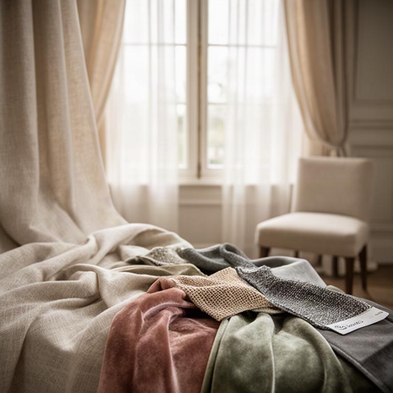 Tessuti per tende e imbottiti presentati accanto a una finestra di un interno elegante