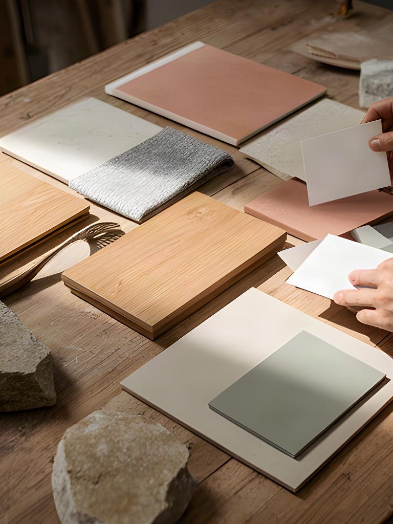 Tavolo dello studio con piastrelle, tessuti e finiture di legno per una consulenza sui materiali