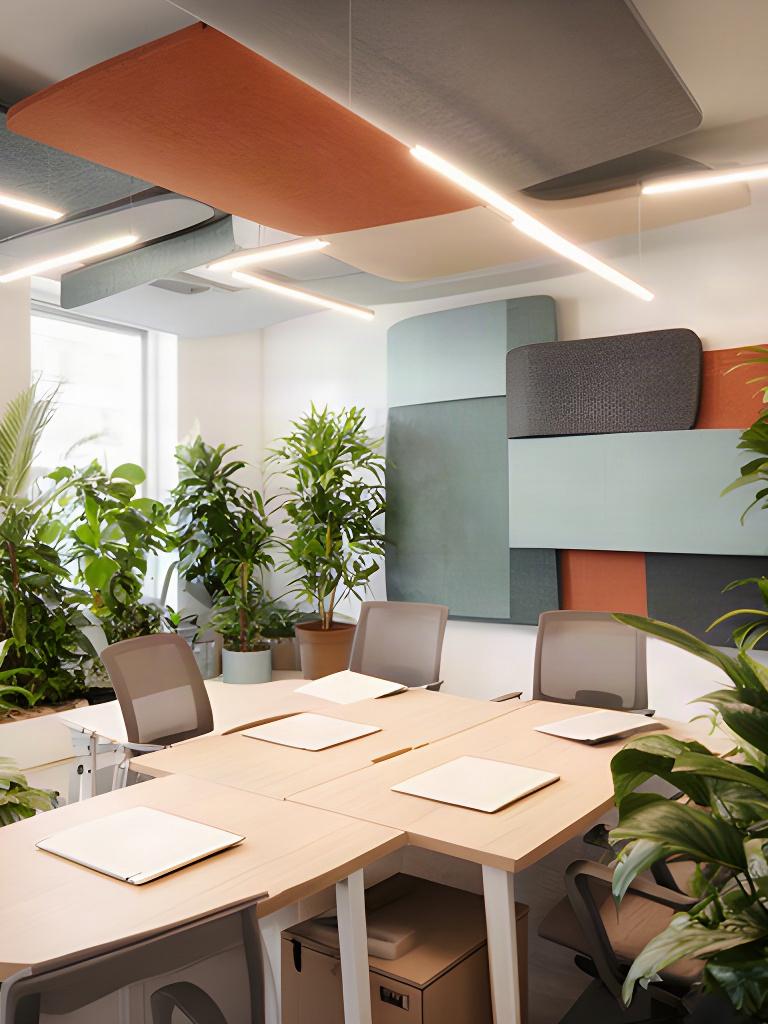 Ufficio contemporaneo nelle Marche con tavolo condiviso, pannelli fonoassorbenti e piante