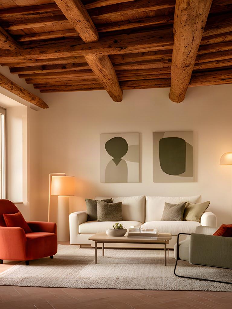 Soggiorno di una casa marchigiana con travi a vista, poltrona color ruggine e arredi contemporanei