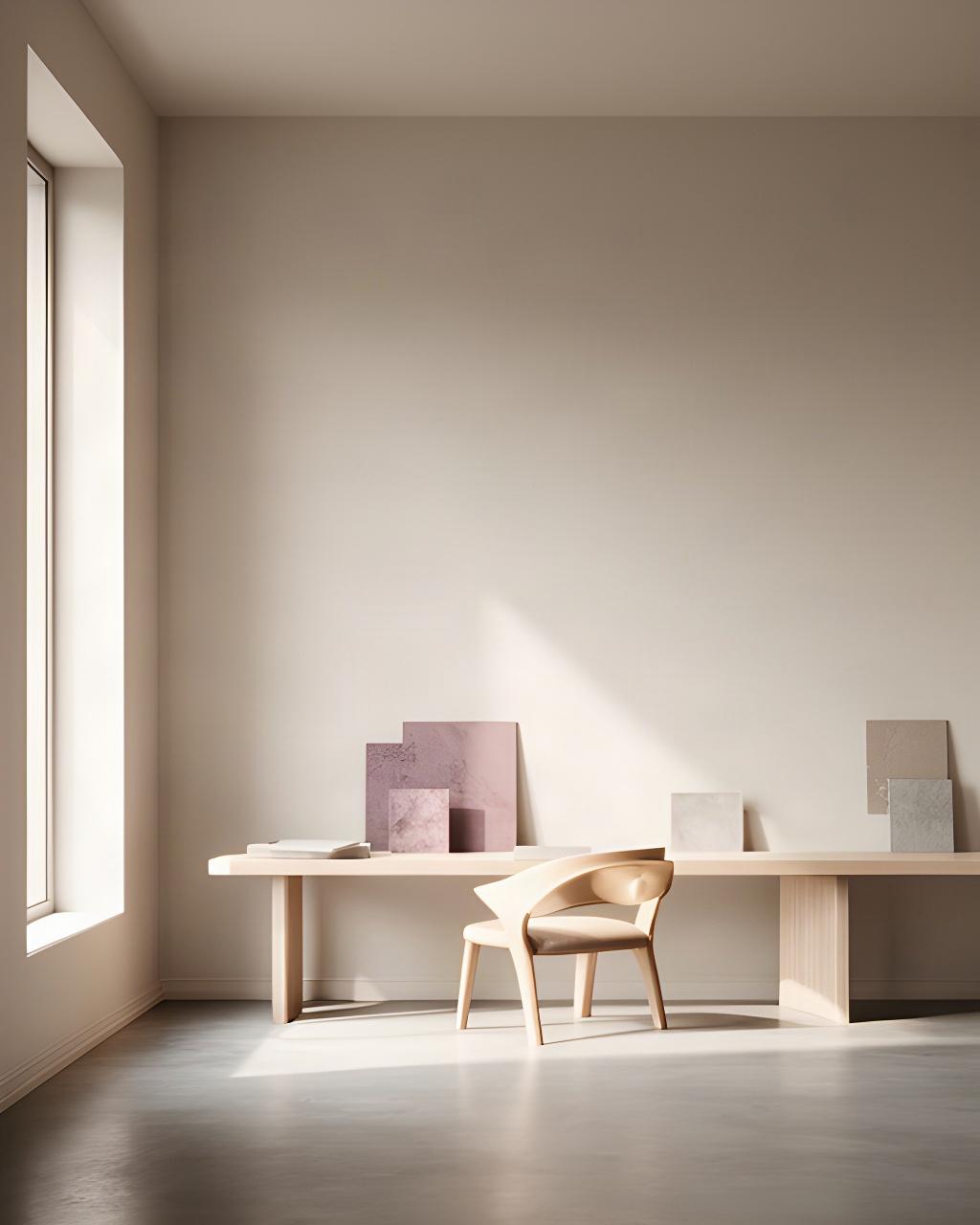 Luce naturale nella sala dello studio di interior design con parete neutra e arredi essenziali