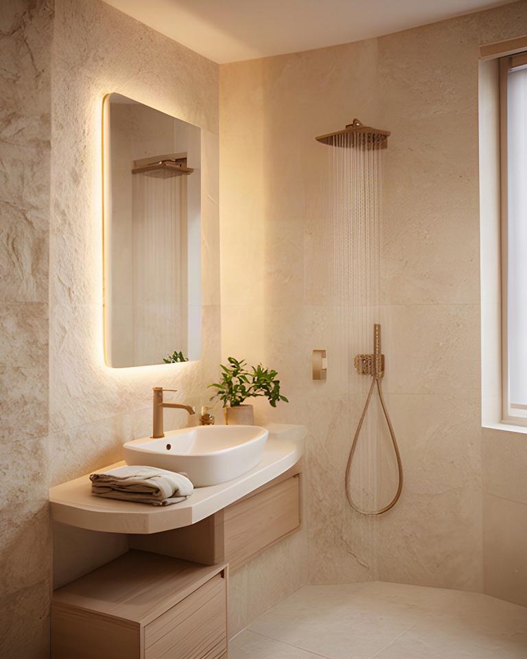Bagno privato con atmosfera spa, piastrelle naturali e illuminazione soffusa