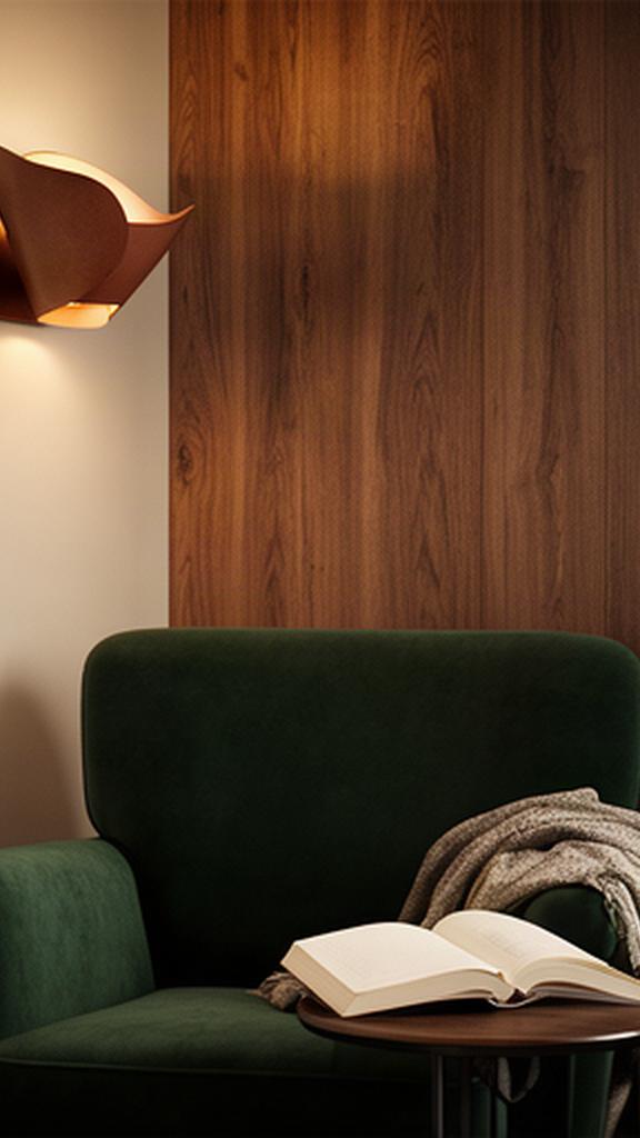 Angolo lettura raccolto con poltrona verde, applique e parete rivestita in legno
