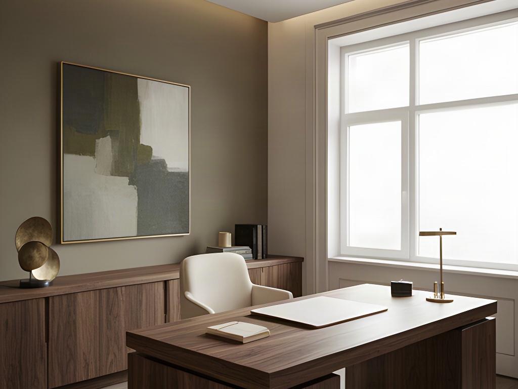 Ufficio privato elegante con scrivania in noce, parete color tortora e finestra ampia