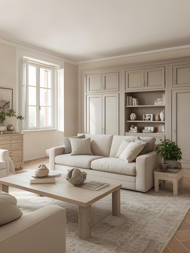 Soggiorno residenziale luminoso con arredi su misura e palette neutra nelle Marche